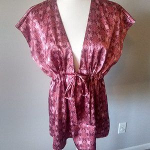 Pink, v-neck, adjustable tie, polyester top